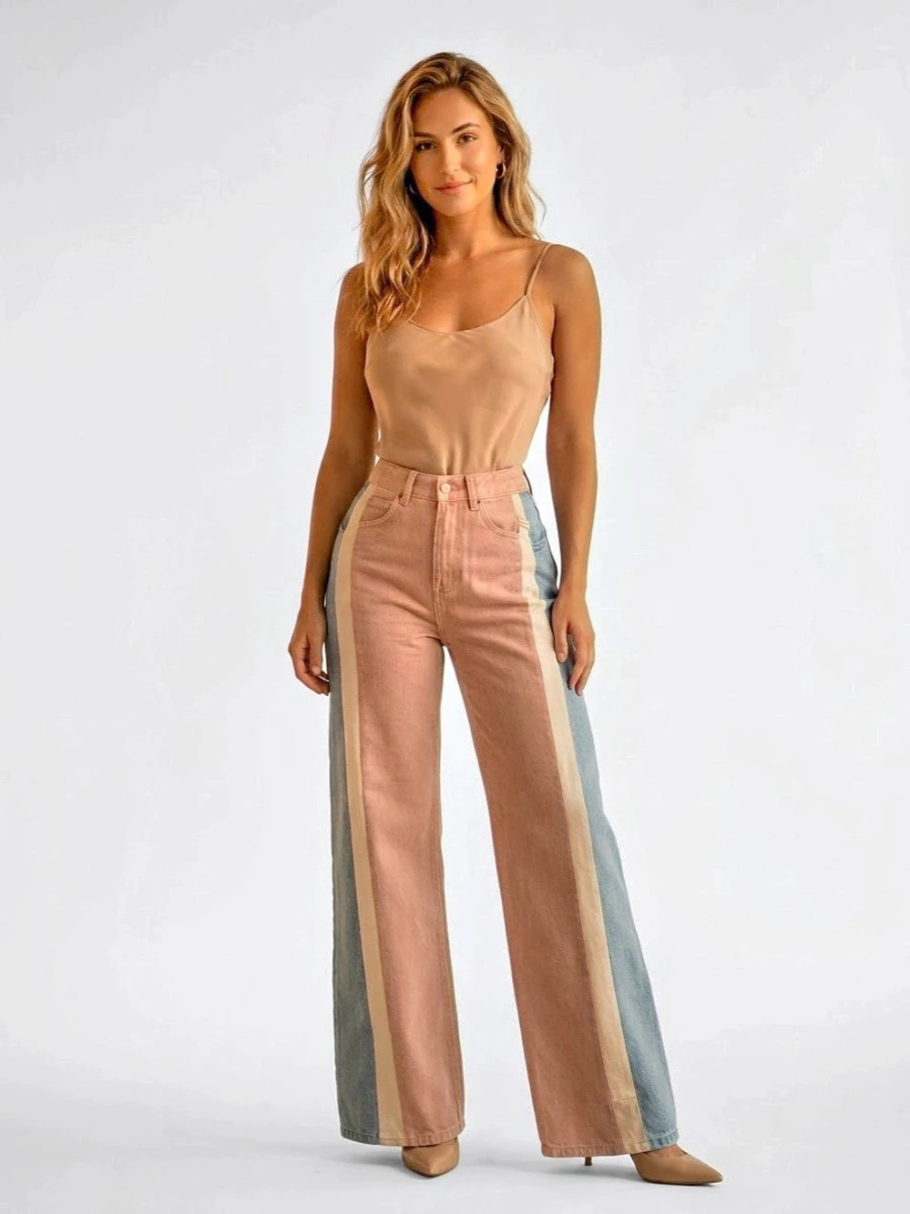 Zara Color Block Wide Leg Jeans in Pink & Blue Size 23